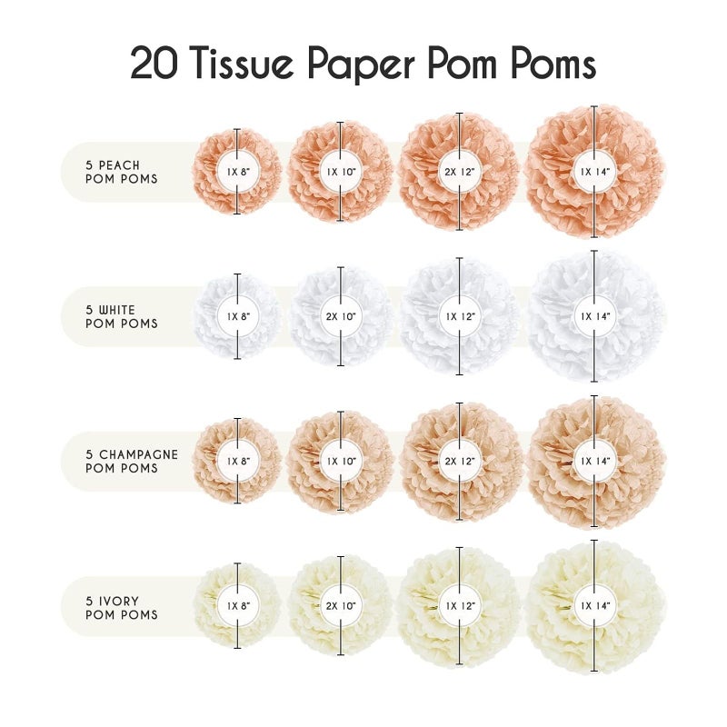 EPIQUEONE 20 Pieces Blush Pink, Dusty Rose, Mauve, Cream Tissue Paper Pom Poms - Ceiling and Party Decorations - Backdrop Flowers (White, Ivory, Peach, Champagne) - Image 3